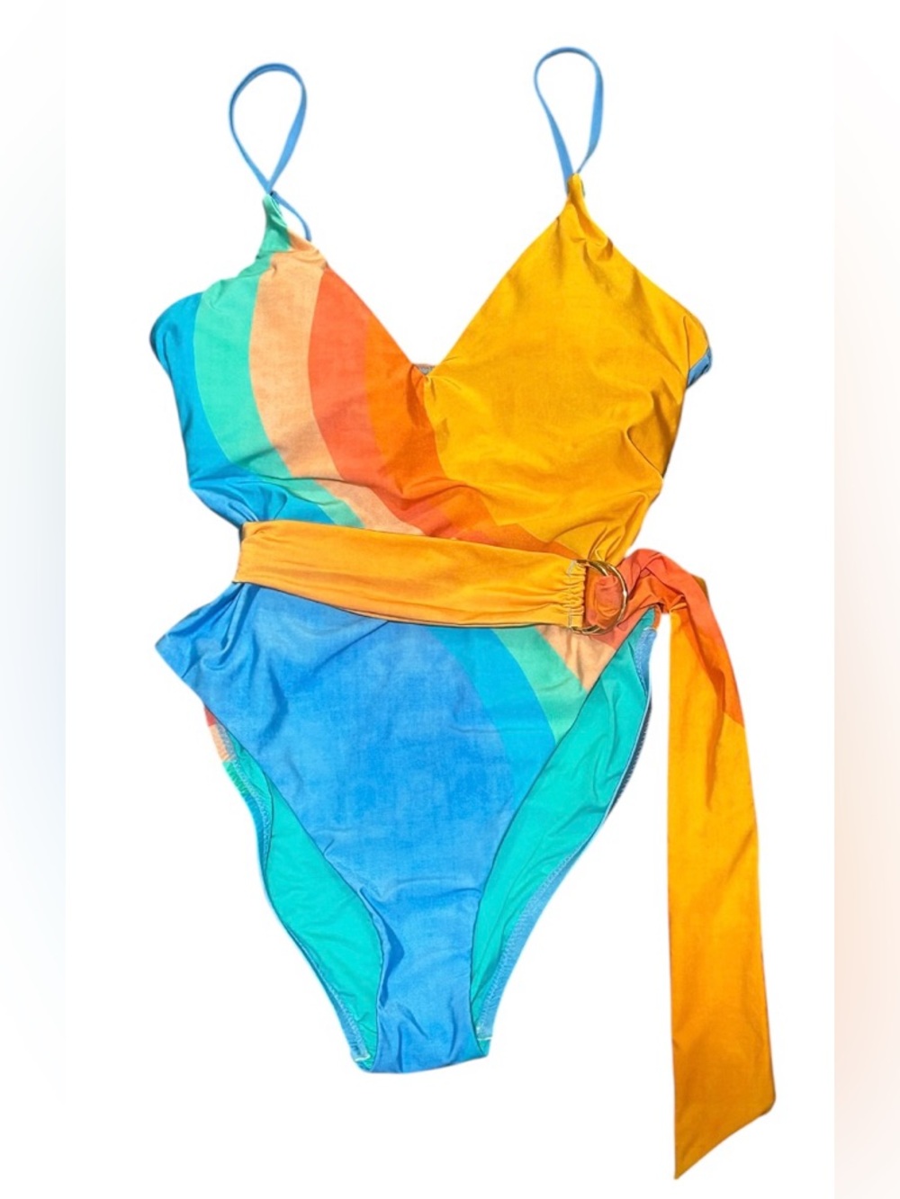 NWT $148 Sunshine 79 blue orange belted one piece swimsuit, size 12